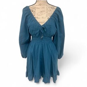 Salty Bright Blue Long Sleeve Mini Dress with Smocked Waist & Pockets 100 Cotton